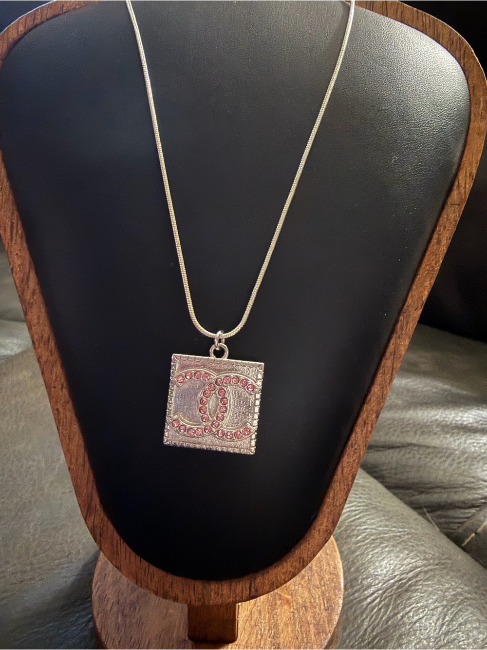 Silver-Tone Square Pendant Necklace with Pink Crystals